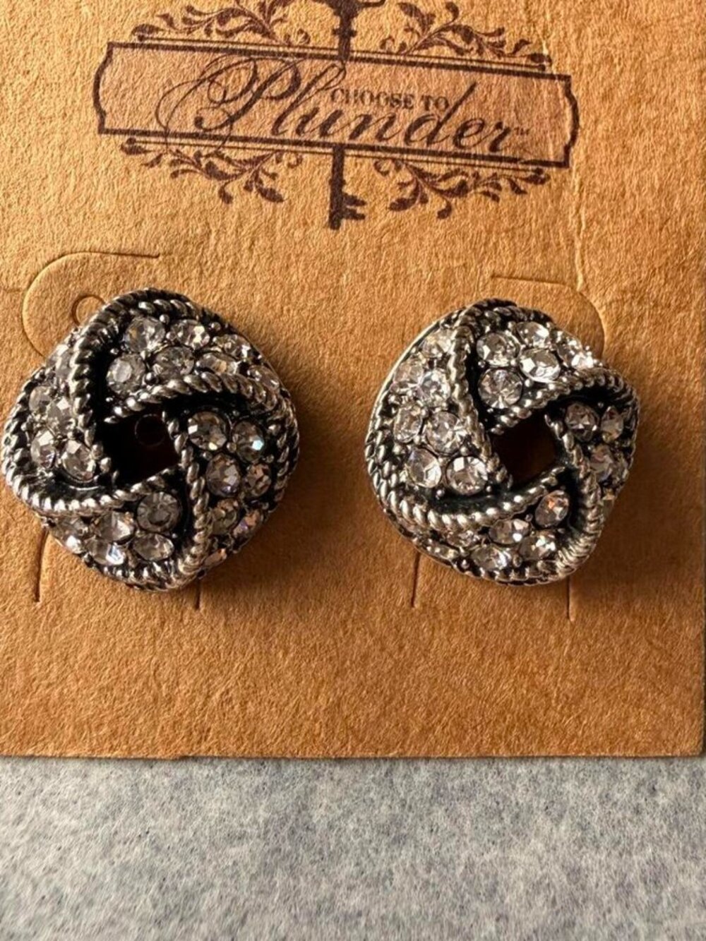 Plunder Design Mason Earrings Silver Rhinestone Knot Studs 1”